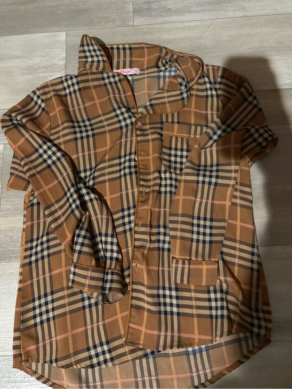 Plaid Button-Down Blouse in Camel